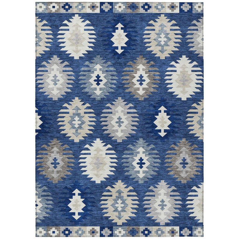 5' X 8' Navy Blue Ivory And Gray Southwestern Washable Indoor Outdoor Area Rug