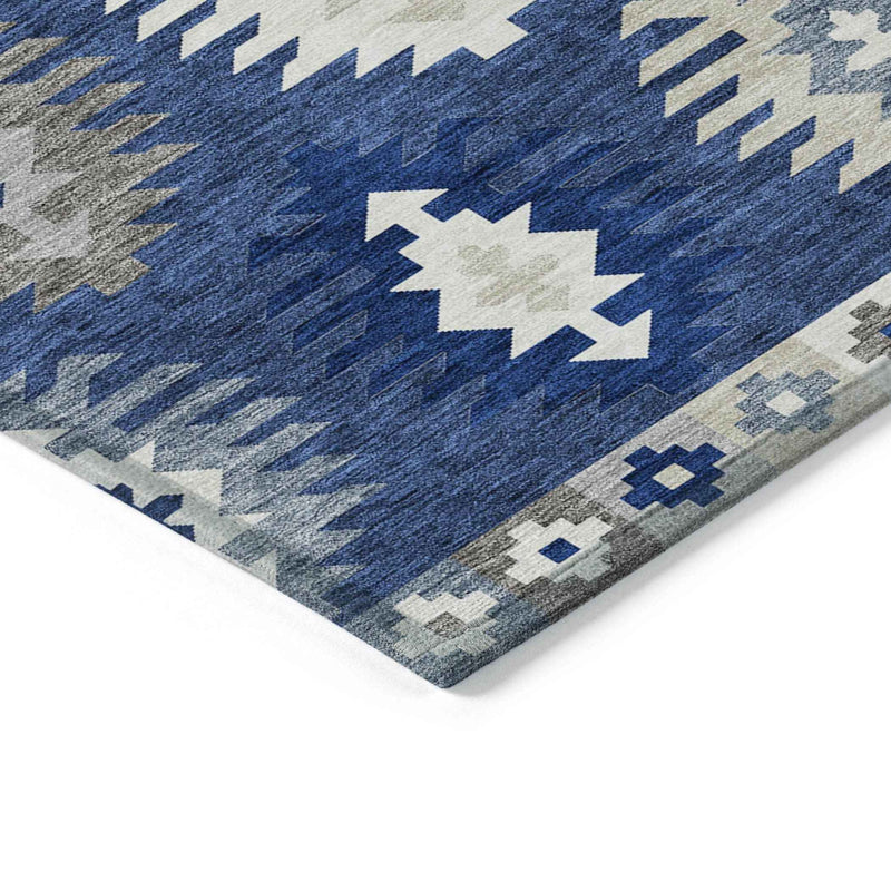 5' X 8' Navy Blue Ivory And Gray Southwestern Washable Indoor Outdoor Area Rug