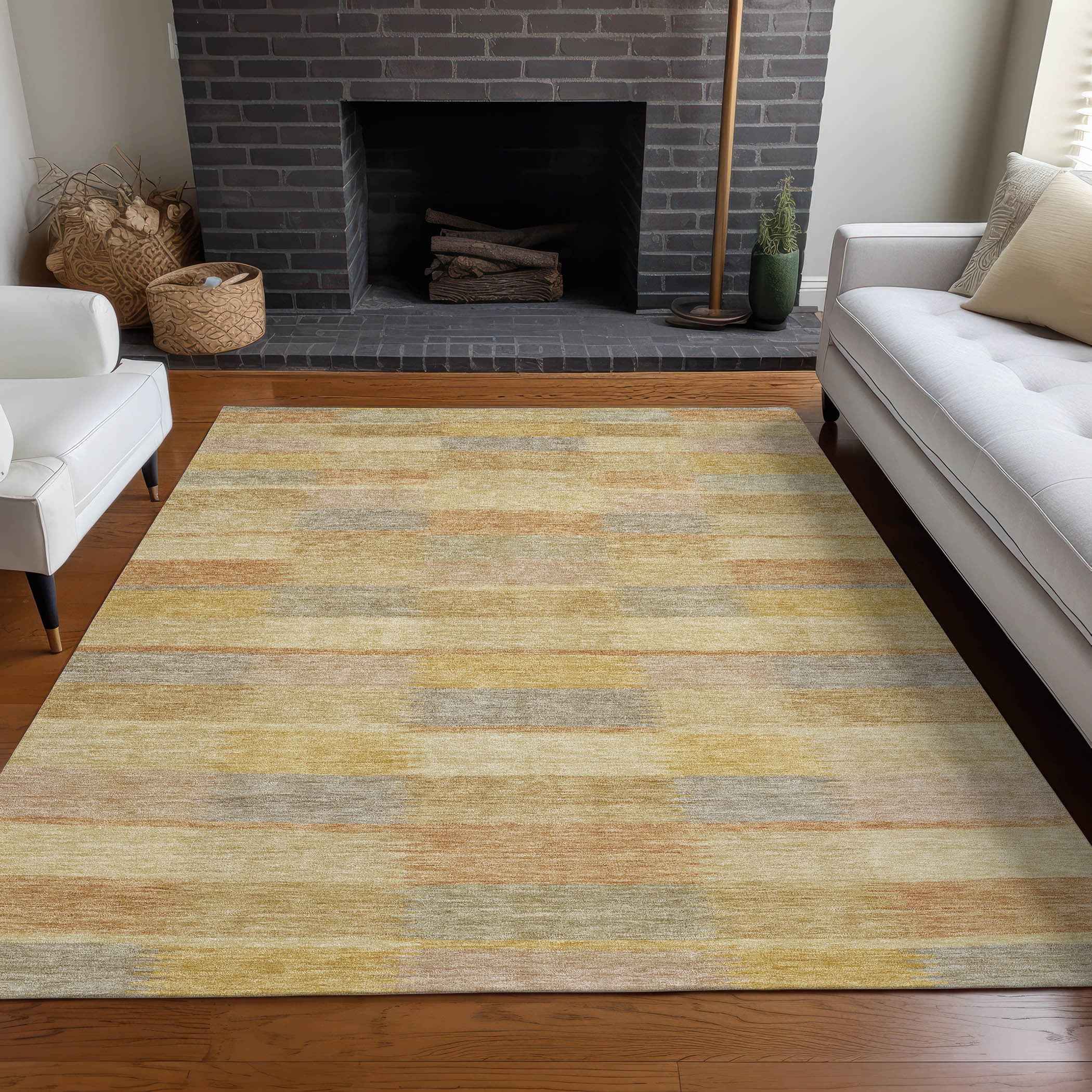 10' X 14' Wheat Beige And Gold Striped Washable Indoor Outdoor Area Rug