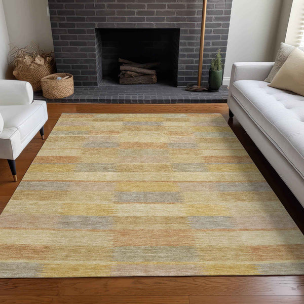 10' X 14' Wheat Beige And Gold Striped Washable Indoor Outdoor Area Rug