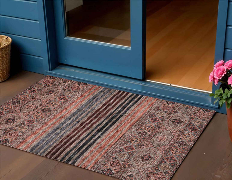 3' X 5' Rust Gray And Salmon Medallion Washable Indoor Outdoor Area Rug