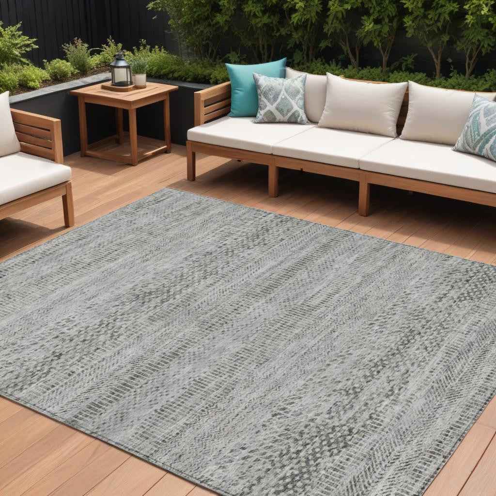 8' X 10' Gray And Charcoal Striped Washable Indoor Outdoor Area Rug