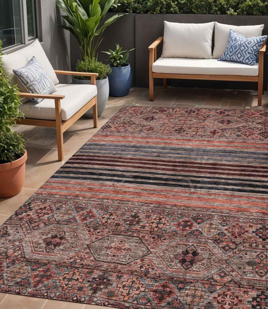 5' X 8' Rust Gray And Salmon Medallion Washable Indoor Outdoor Area Rug