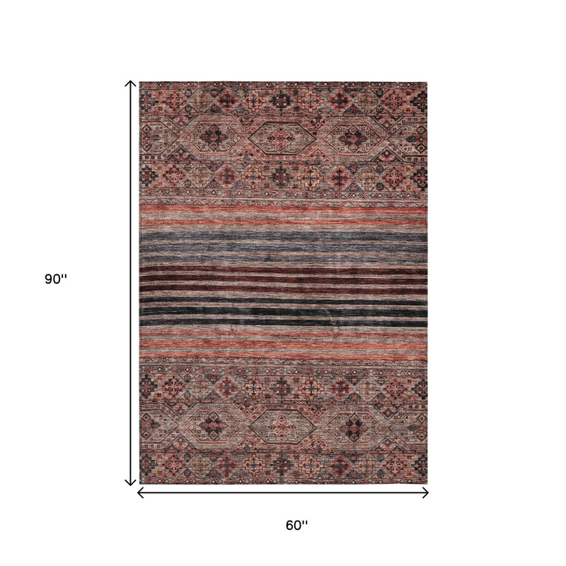 5' X 8' Rust Gray And Salmon Medallion Washable Indoor Outdoor Area Rug