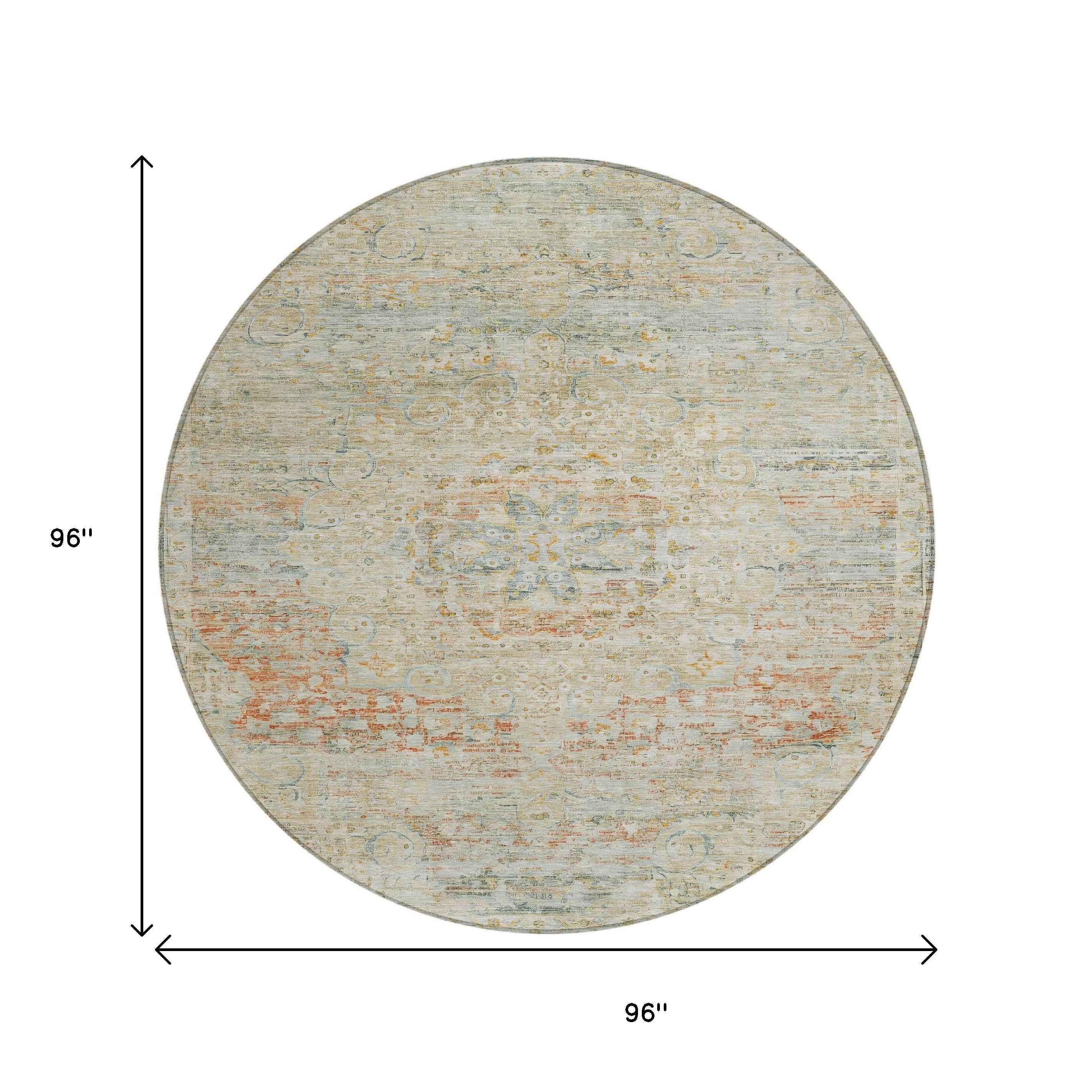 8' Tan And Beige Round Medallion Washable Indoor Outdoor Area Rug