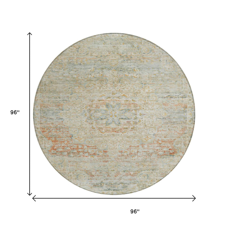8' Tan And Beige Round Medallion Washable Indoor Outdoor Area Rug