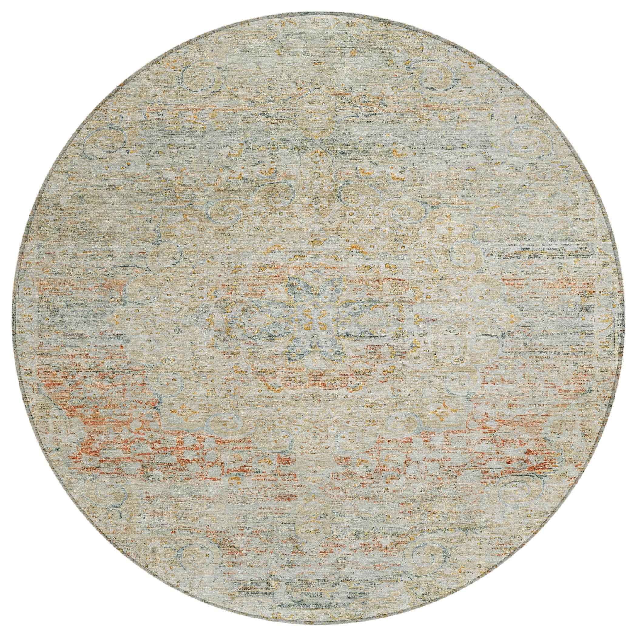 8' Tan And Beige Round Medallion Washable Indoor Outdoor Area Rug