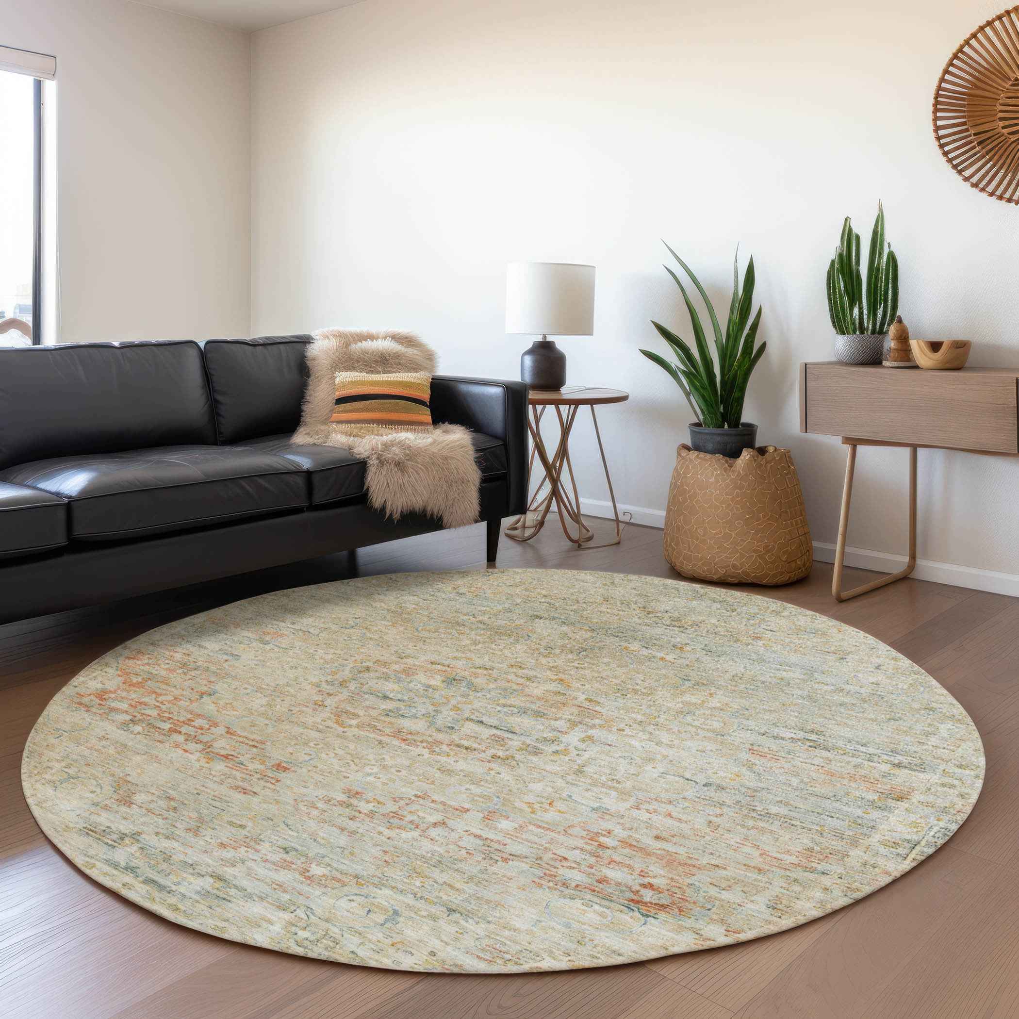 8' Tan And Beige Round Medallion Washable Indoor Outdoor Area Rug