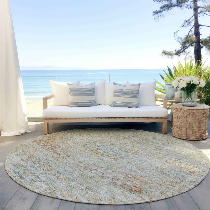8' Tan And Beige Round Medallion Washable Indoor Outdoor Area Rug