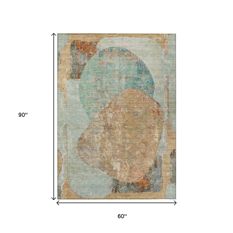 5' X 8' Teal Blue And Copper Abstract Washable Indoor Outdoor Area Rug