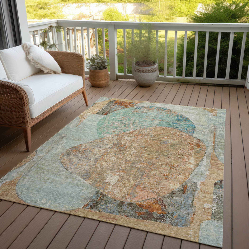 5' X 8' Teal Blue And Copper Abstract Washable Indoor Outdoor Area Rug