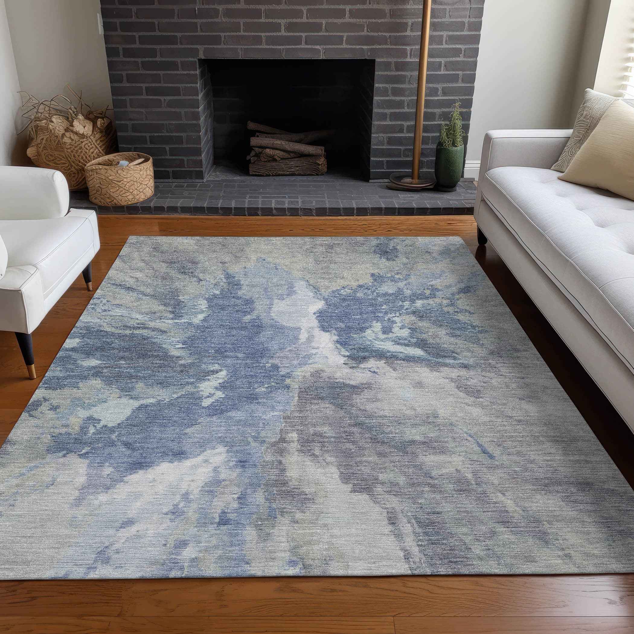 8' X 10' Denim Blue And Linen Abstract Washable Indoor Outdoor Area Rug