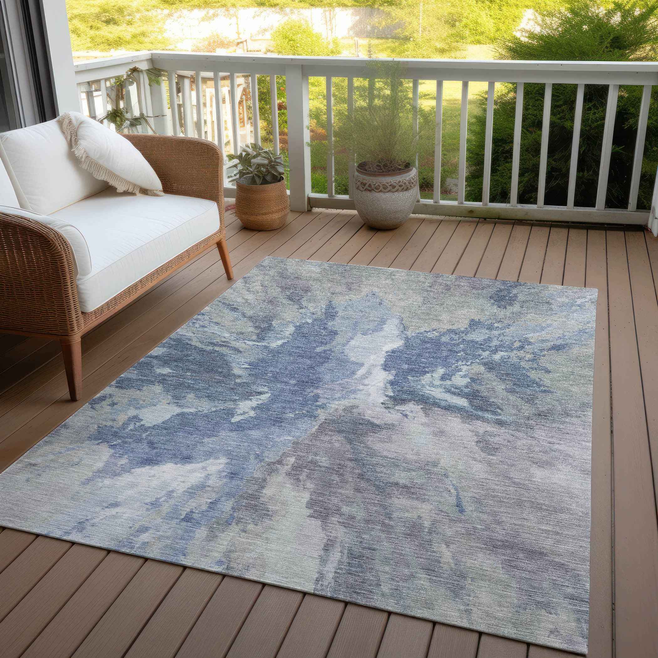 8' X 10' Denim Blue And Linen Abstract Washable Indoor Outdoor Area Rug