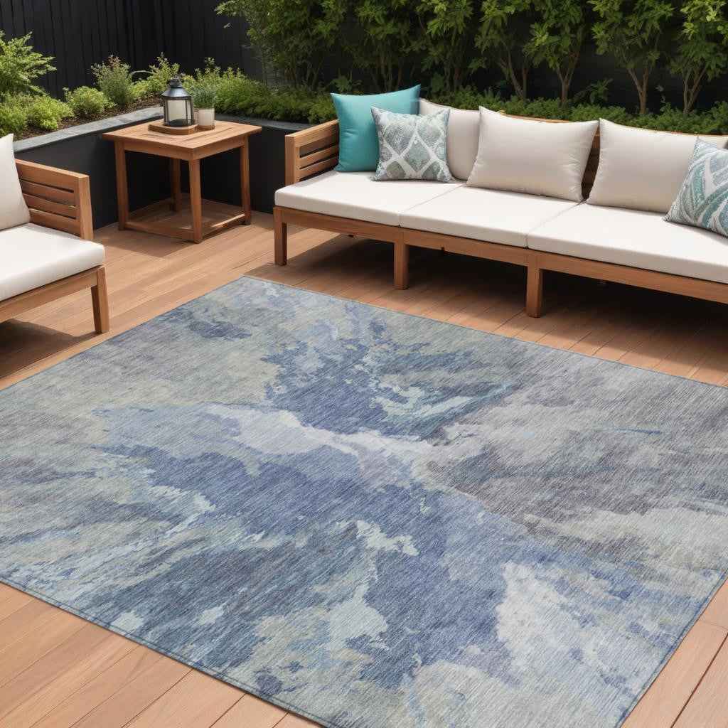 8' X 10' Denim Blue And Linen Abstract Washable Indoor Outdoor Area Rug