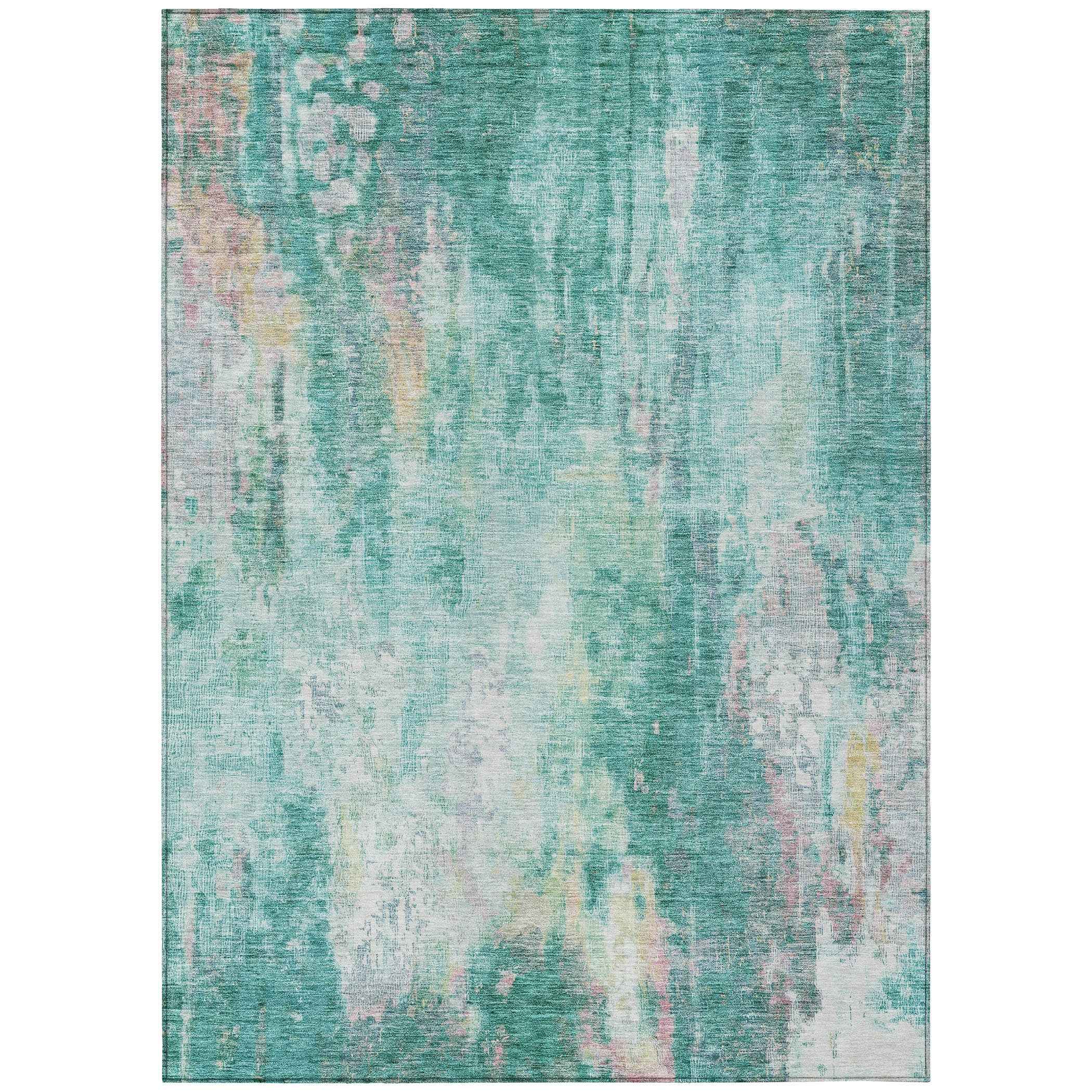 8' X 10' Teal Blue Peach And Ivory Abstract Washable Indoor Outdoor Area Rug