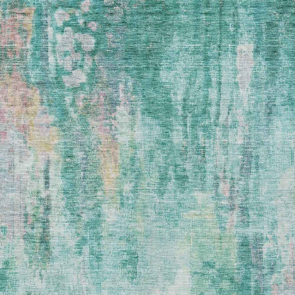 8' X 10' Teal Blue Peach And Ivory Abstract Washable Indoor Outdoor Area Rug