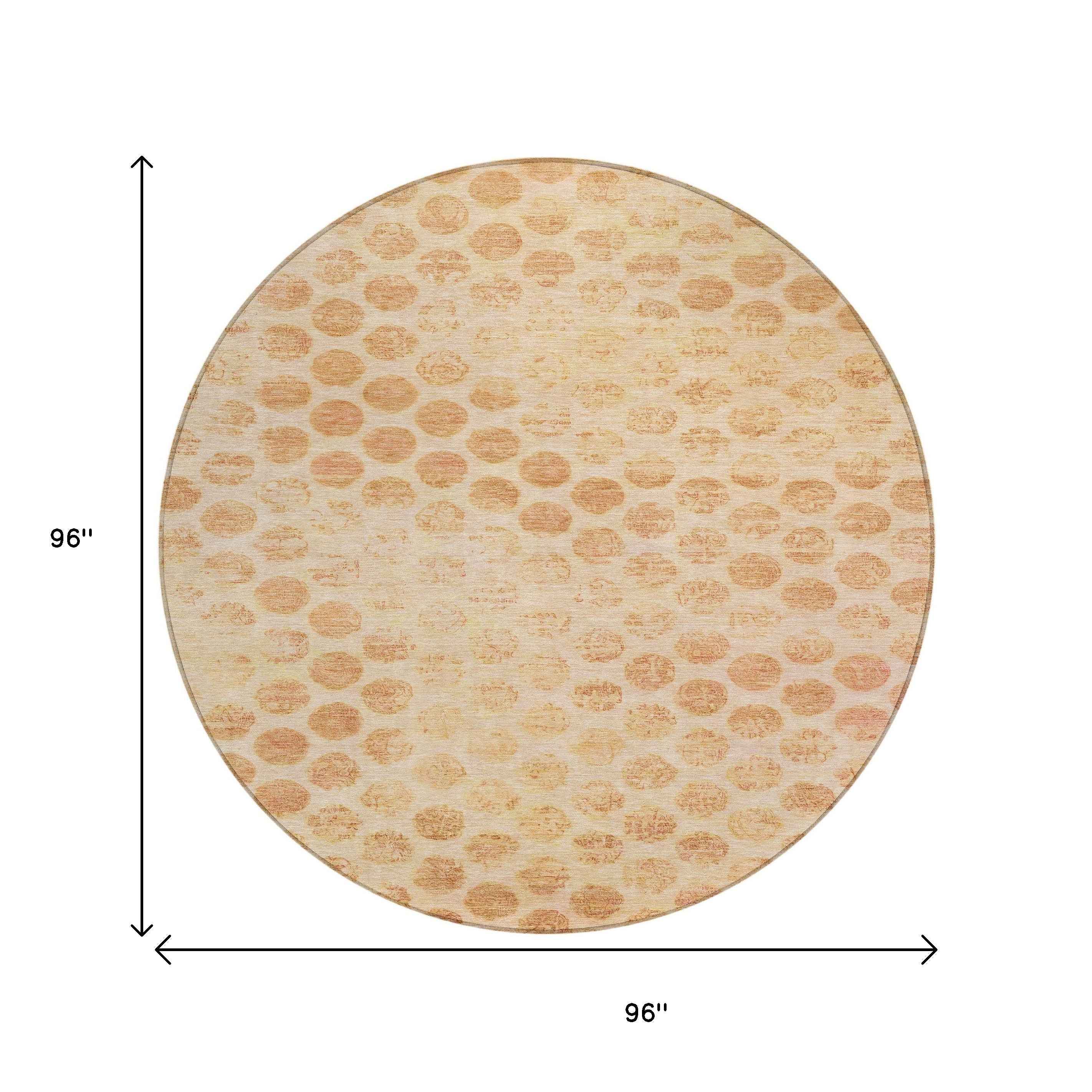 8' Peach And Rust Round Polka Dot Washable Indoor Outdoor Area Rug