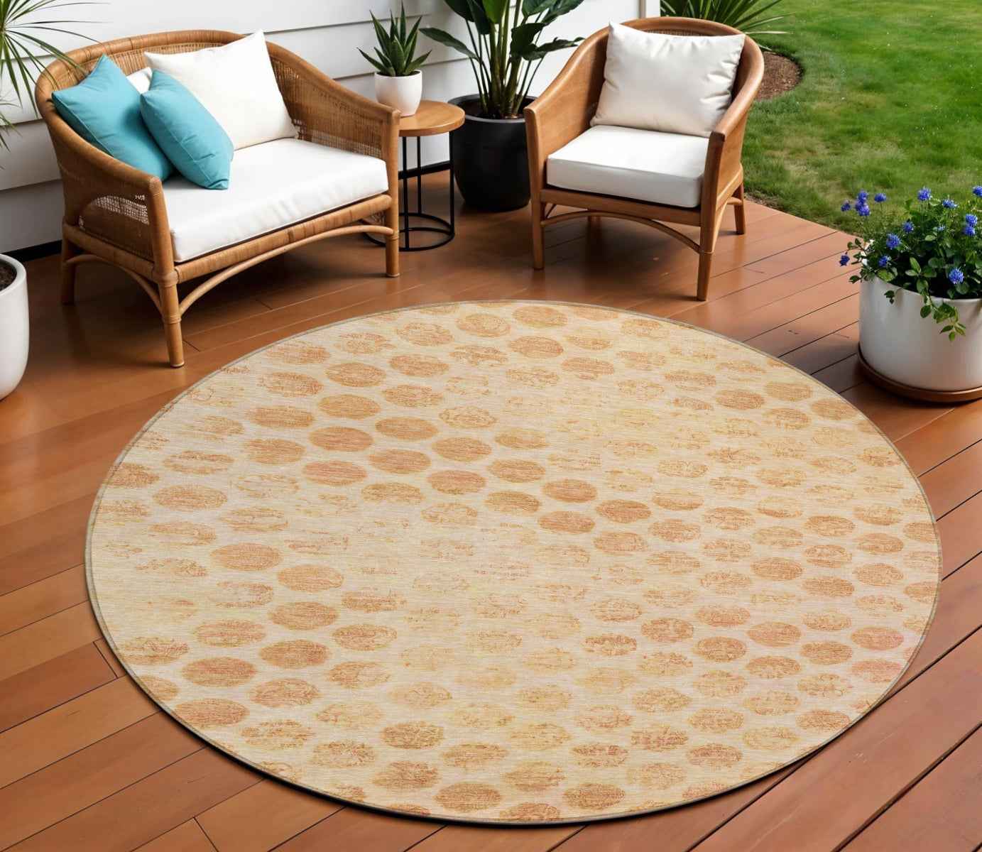 8' Peach And Rust Round Polka Dot Washable Indoor Outdoor Area Rug