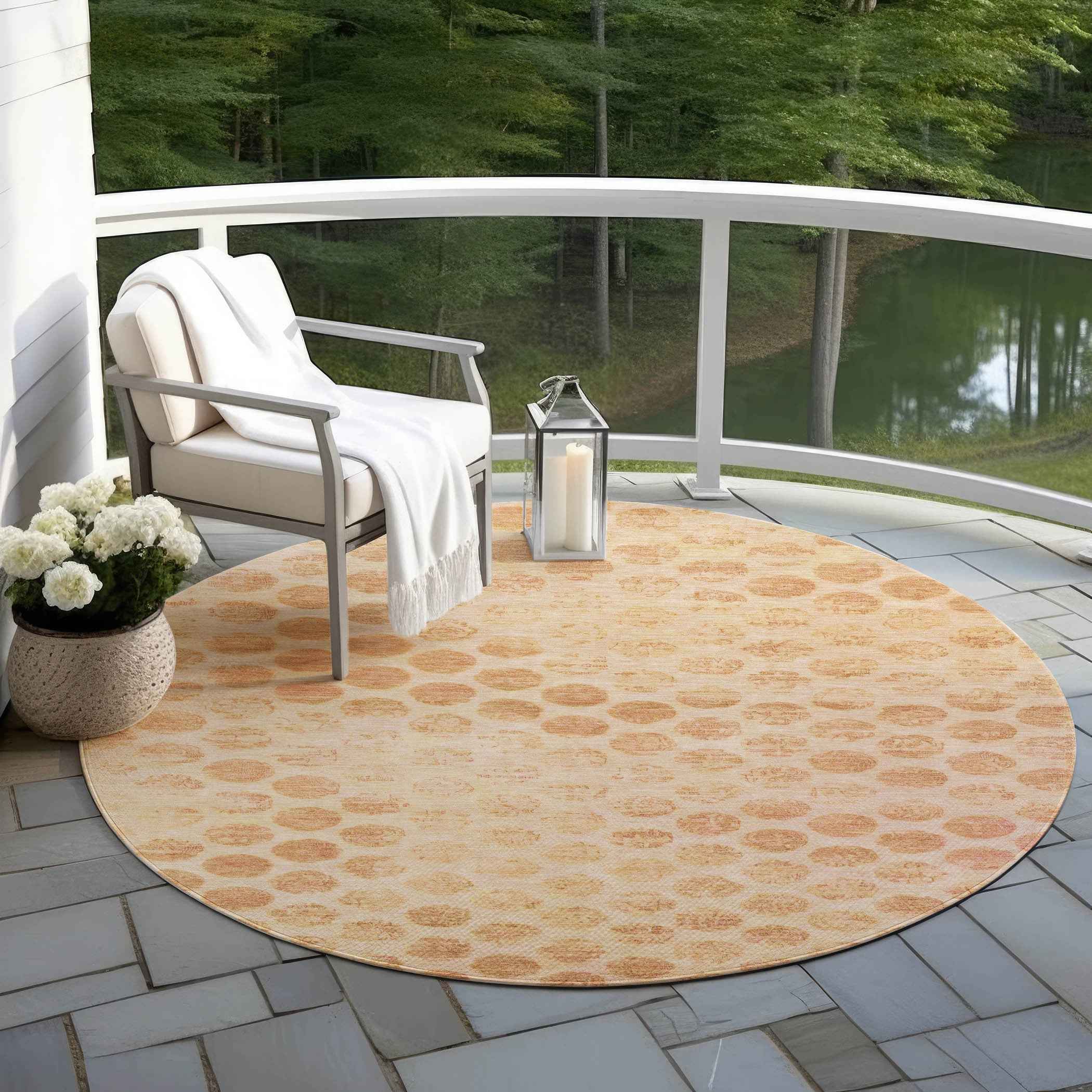 8' Peach And Rust Round Polka Dot Washable Indoor Outdoor Area Rug
