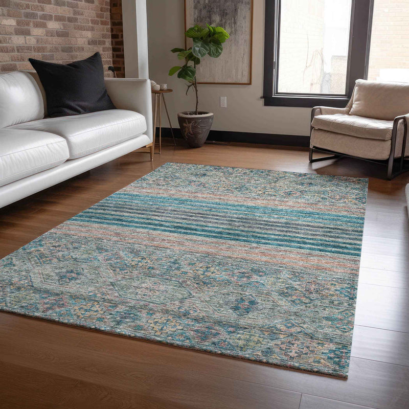 8' X 10' Teal Blue Salmon And Beige Medallion Washable Indoor Outdoor Area Rug