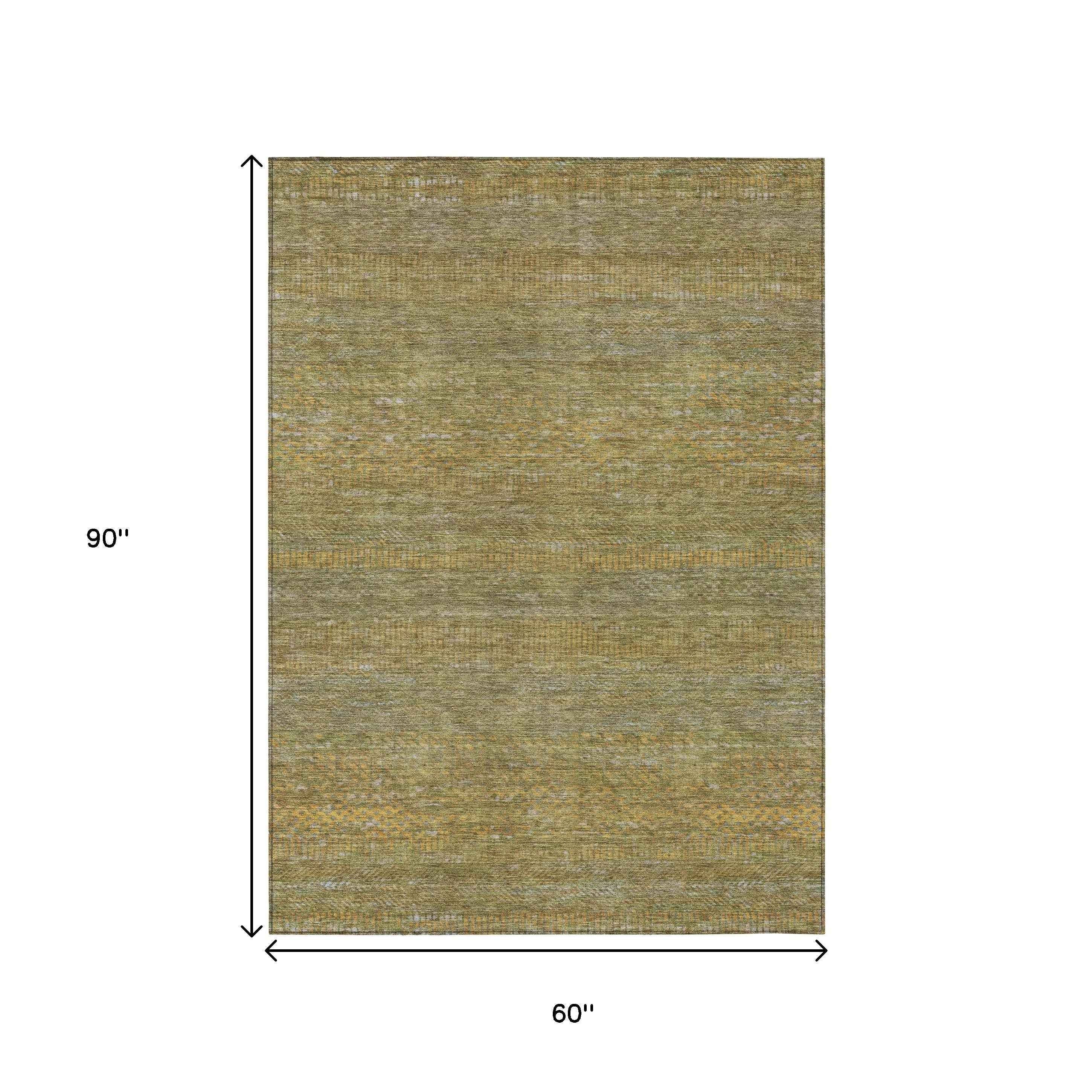 5' X 8' Sage And Gold Striped Washable Indoor Outdoor Area Rug