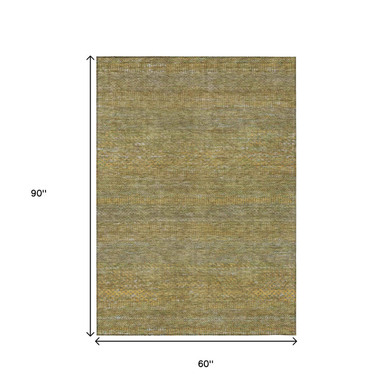 5' X 8' Sage And Gold Striped Washable Indoor Outdoor Area Rug