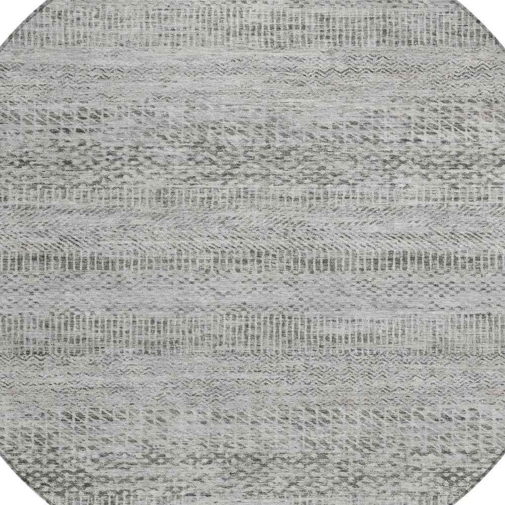 8' Gray And Charcoal Round Striped Washable Indoor Outdoor Area Rug