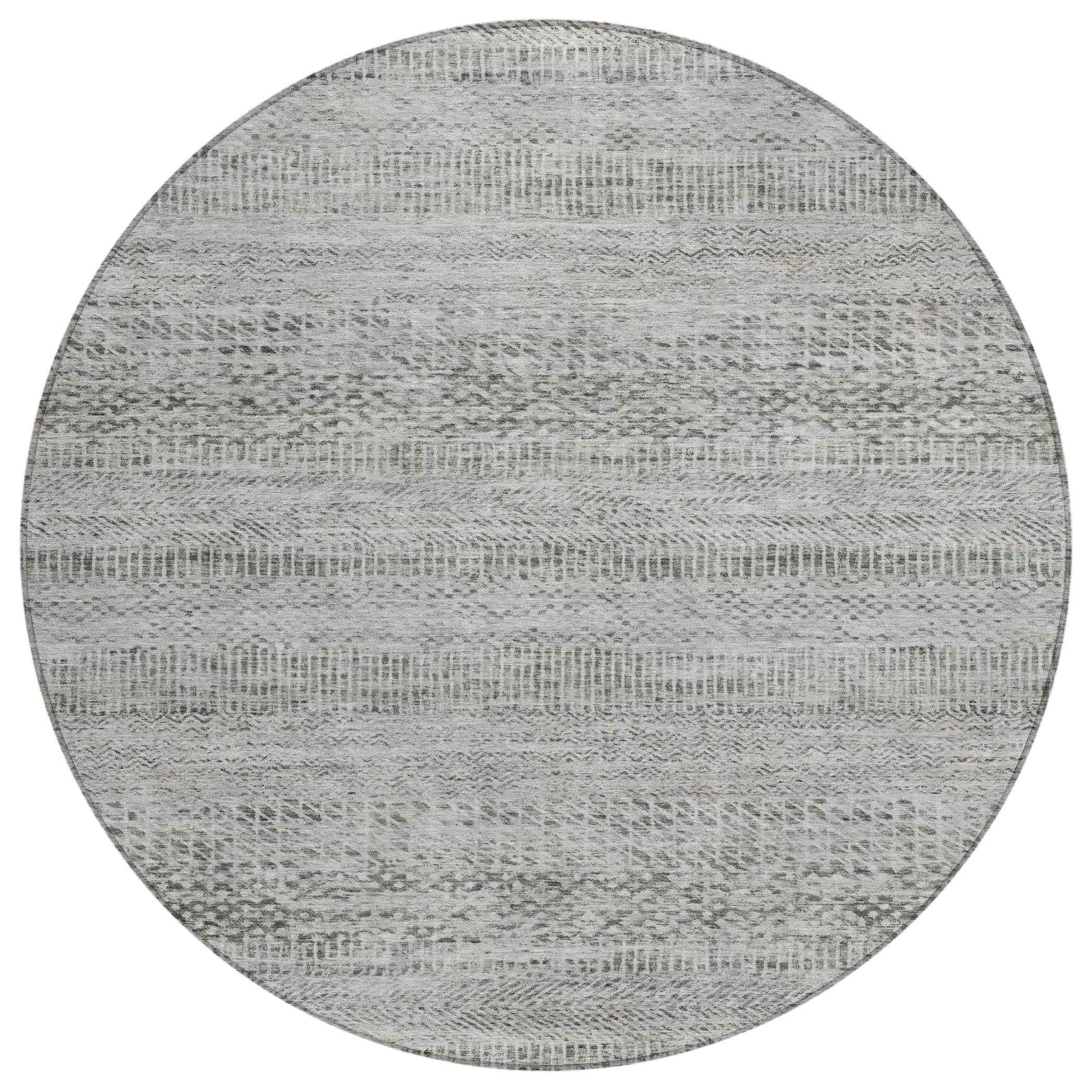 8' Gray And Charcoal Round Striped Washable Indoor Outdoor Area Rug