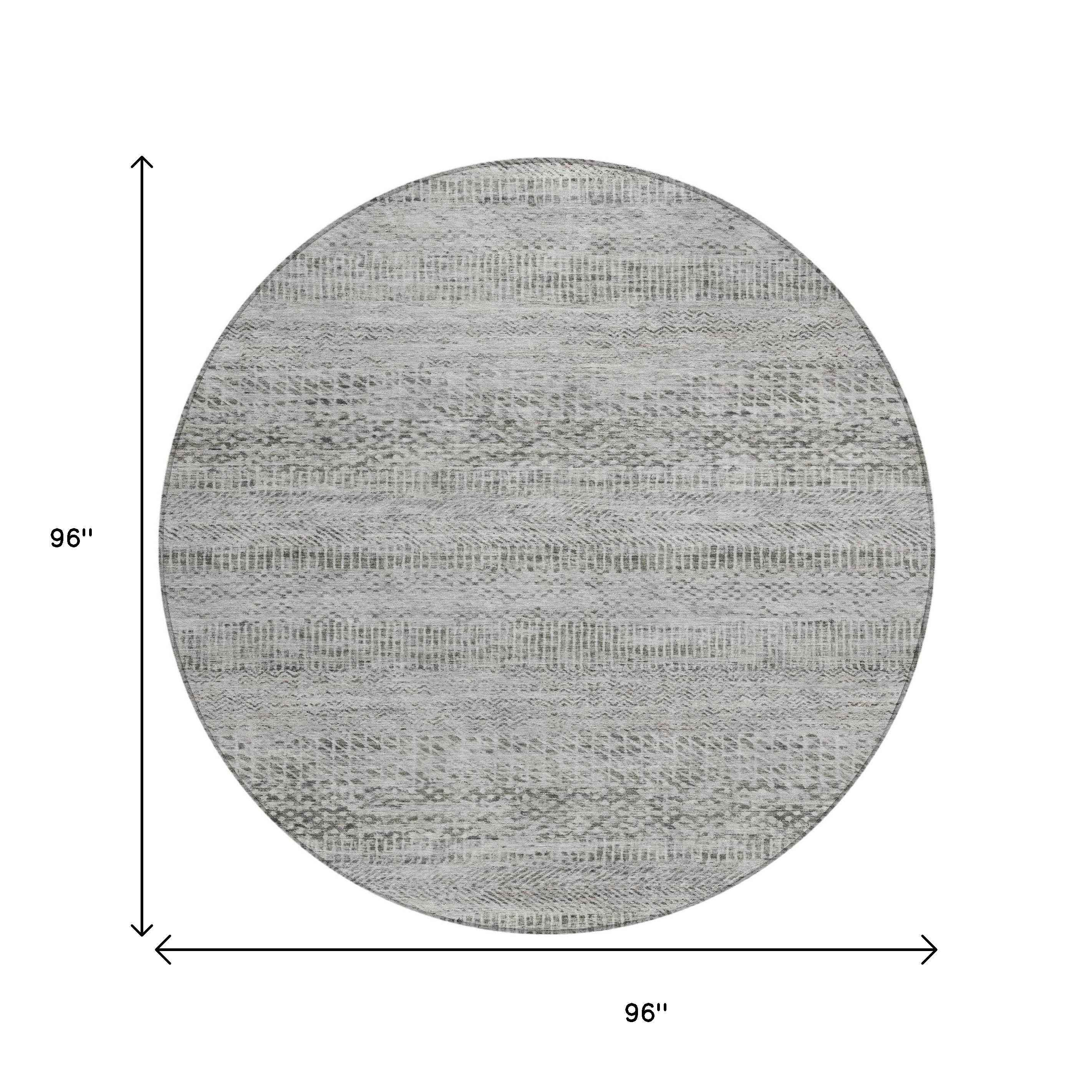 8' Gray And Charcoal Round Striped Washable Indoor Outdoor Area Rug