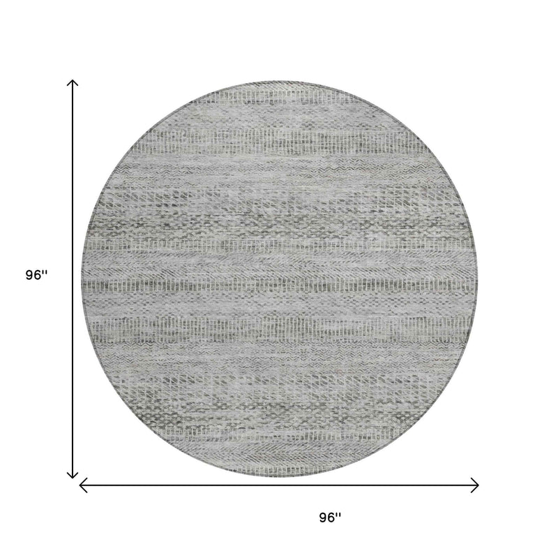 8' Gray And Charcoal Round Striped Washable Indoor Outdoor Area Rug