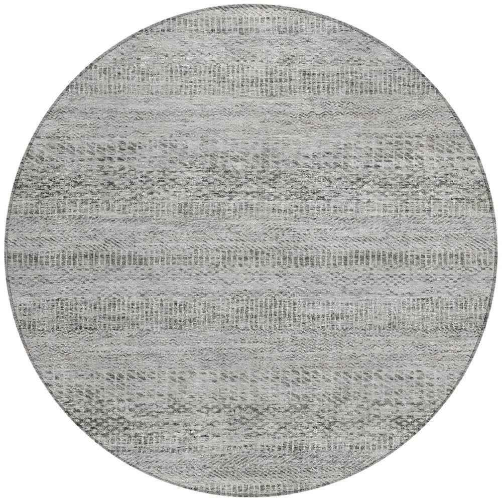 8' Gray And Charcoal Round Striped Washable Indoor Outdoor Area Rug