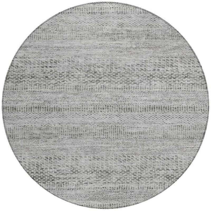 8' Gray And Charcoal Round Striped Washable Indoor Outdoor Area Rug