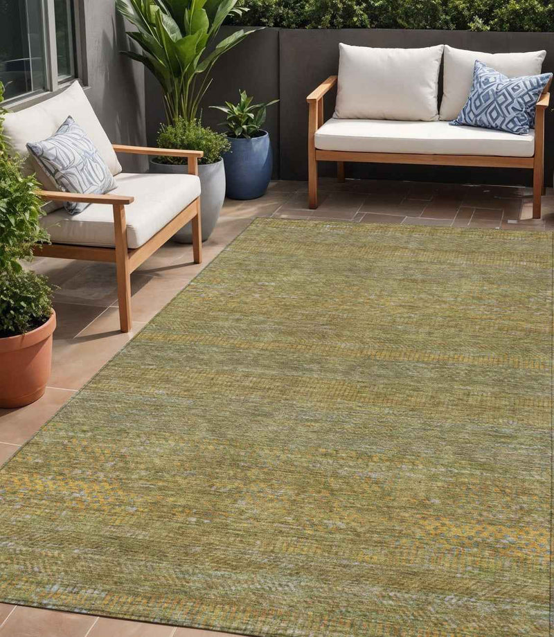 5' X 8' Sage And Gold Striped Washable Indoor Outdoor Area Rug