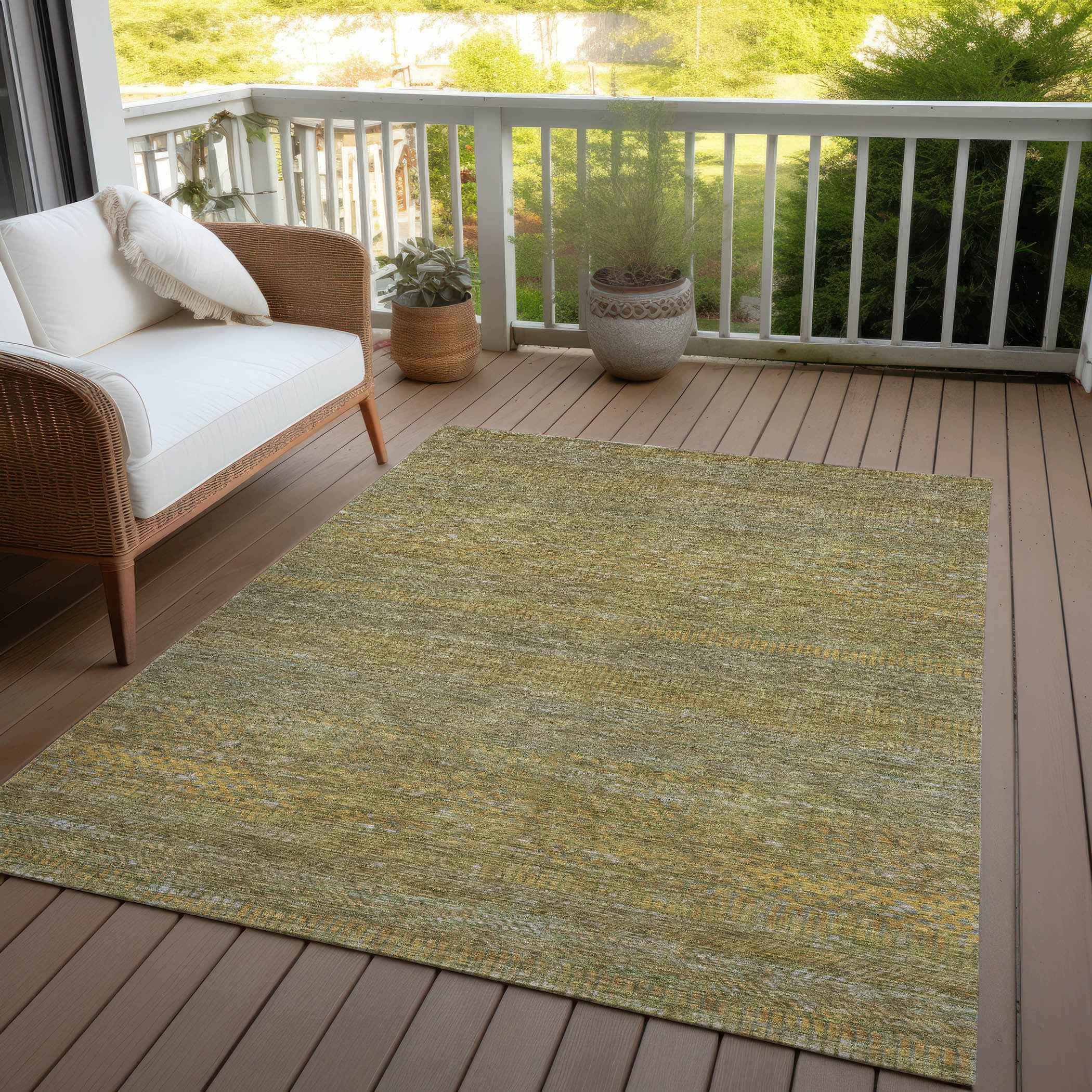 5' X 8' Sage And Gold Striped Washable Indoor Outdoor Area Rug