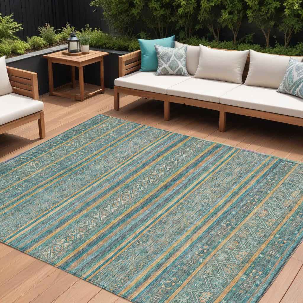 9' X 12' Teal Blue Gold And Taupe Southwestern Washable Indoor Outdoor Area Rug