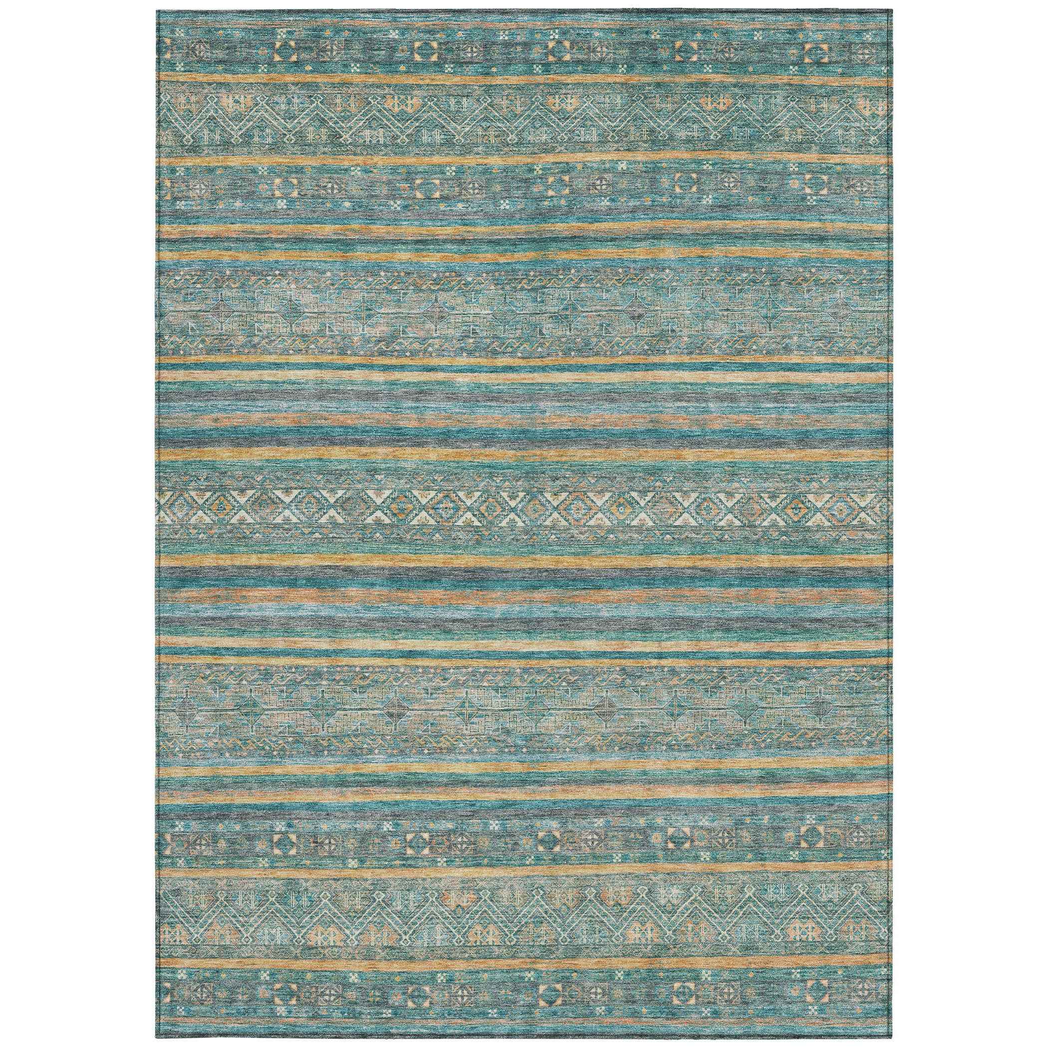 9' X 12' Teal Blue Gold And Taupe Southwestern Washable Indoor Outdoor Area Rug