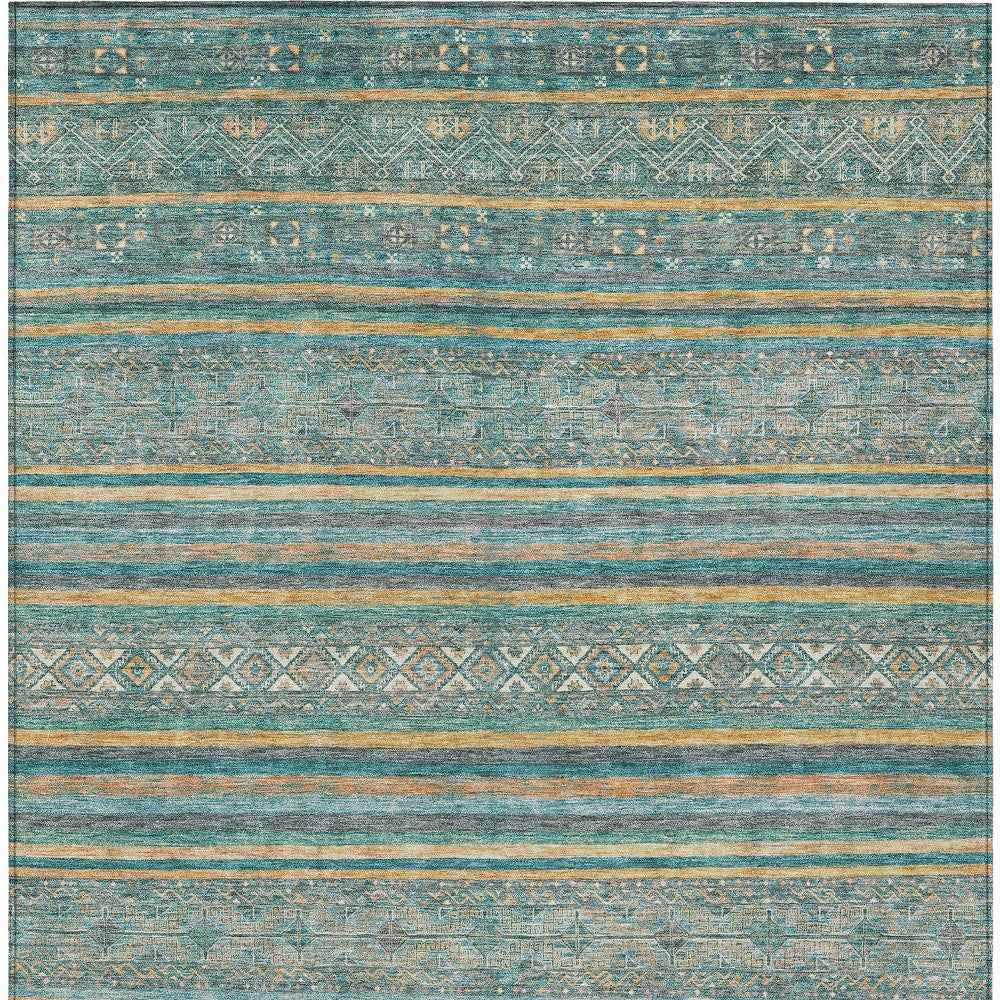 9' X 12' Teal Blue Gold And Taupe Southwestern Washable Indoor Outdoor Area Rug