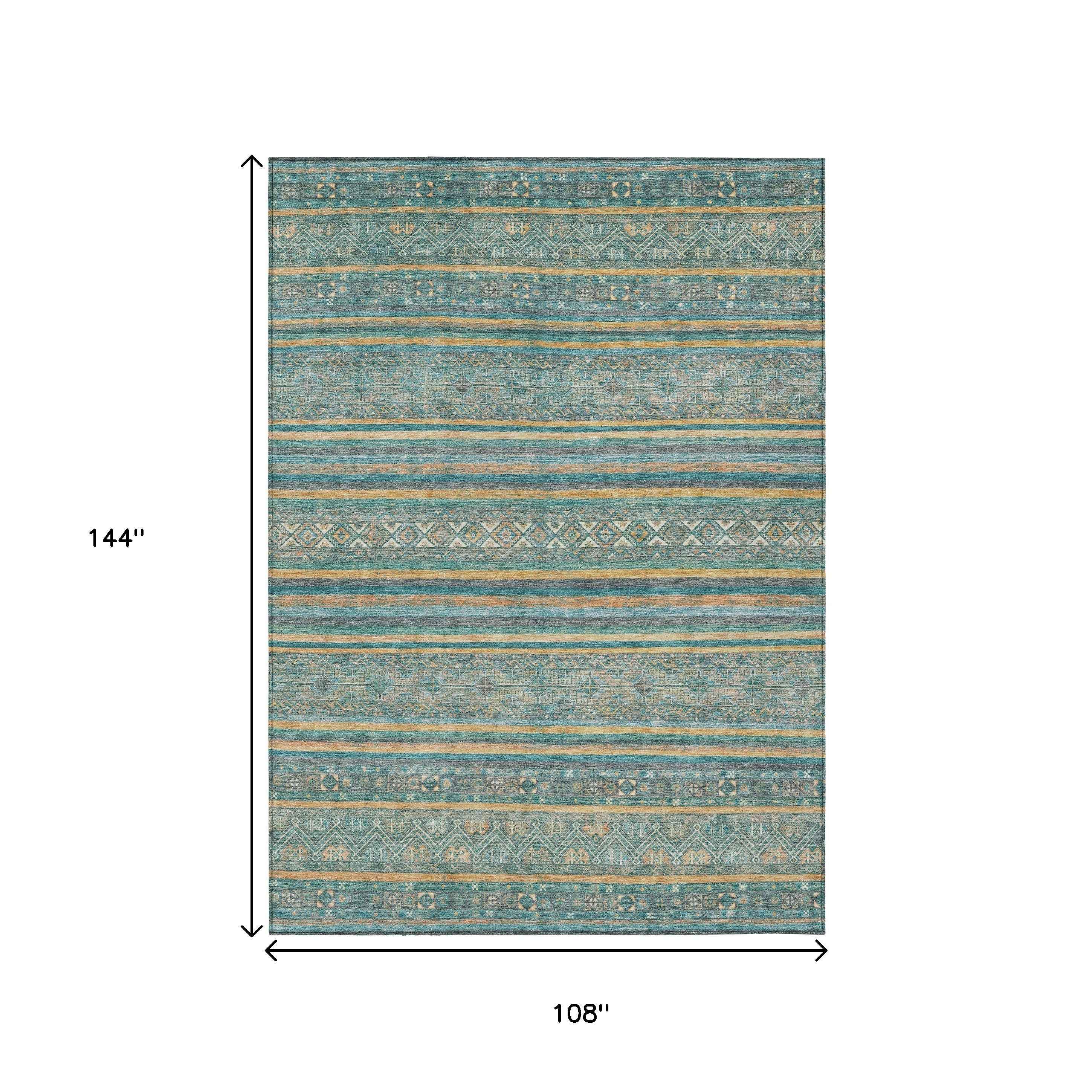9' X 12' Teal Blue Gold And Taupe Southwestern Washable Indoor Outdoor Area Rug