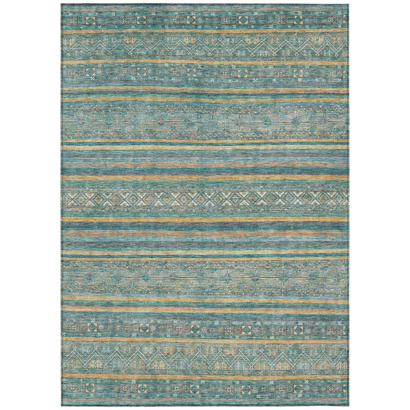 9' X 12' Teal Blue Gold And Taupe Southwestern Washable Indoor Outdoor Area Rug