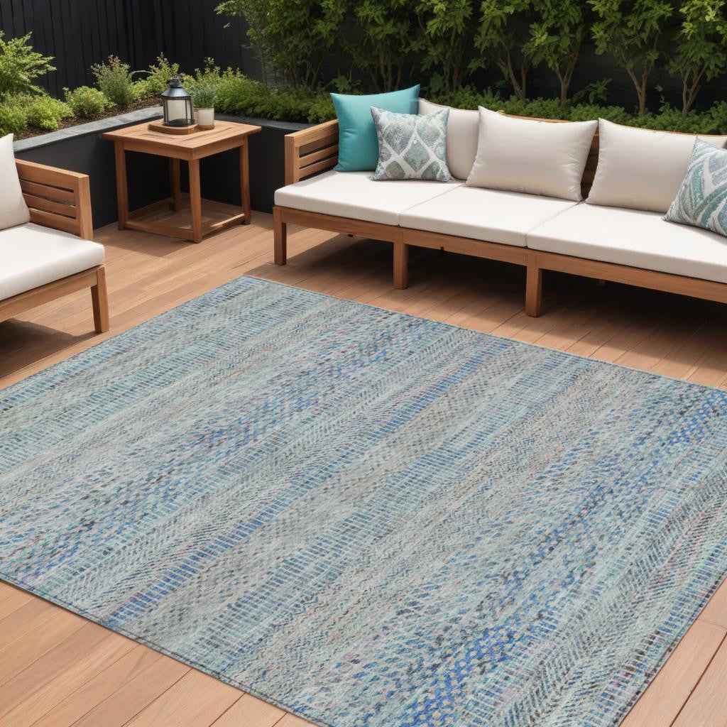 9' X 12' Blue And Charcoal Striped Washable Indoor Outdoor Area Rug