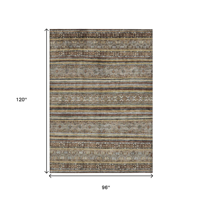 8' X 10' Brown Denim Blue And Beige Southwestern Washable Indoor Outdoor Area Rug
