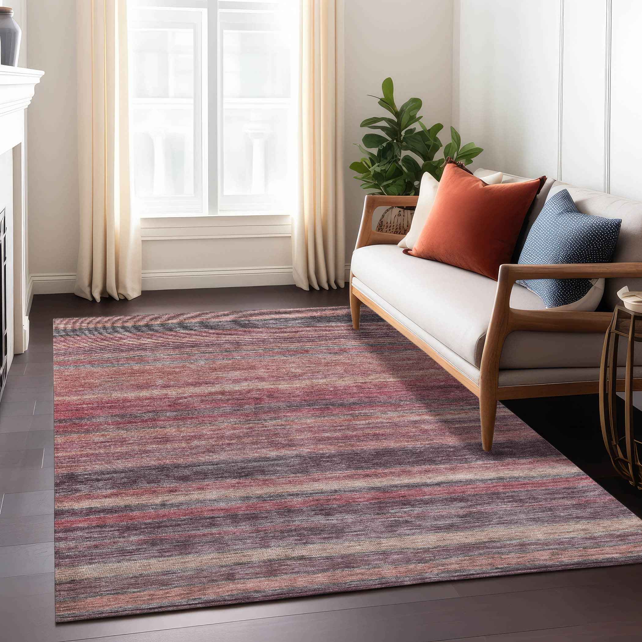 8' X 10' Rust And Blush Striped Washable Indoor Outdoor Area Rug