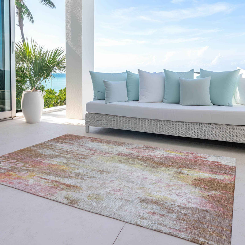 5' X 8' Tan Mauve And Ivory Abstract Washable Indoor Outdoor Area Rug