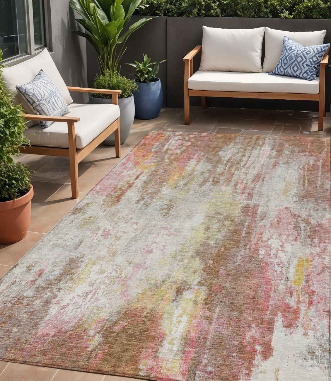 5' X 8' Tan Mauve And Ivory Abstract Washable Indoor Outdoor Area Rug