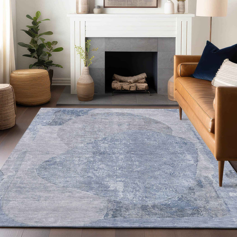 5' X 8' Sky Blue And Denim Blue Abstract Washable Indoor Outdoor Area Rug