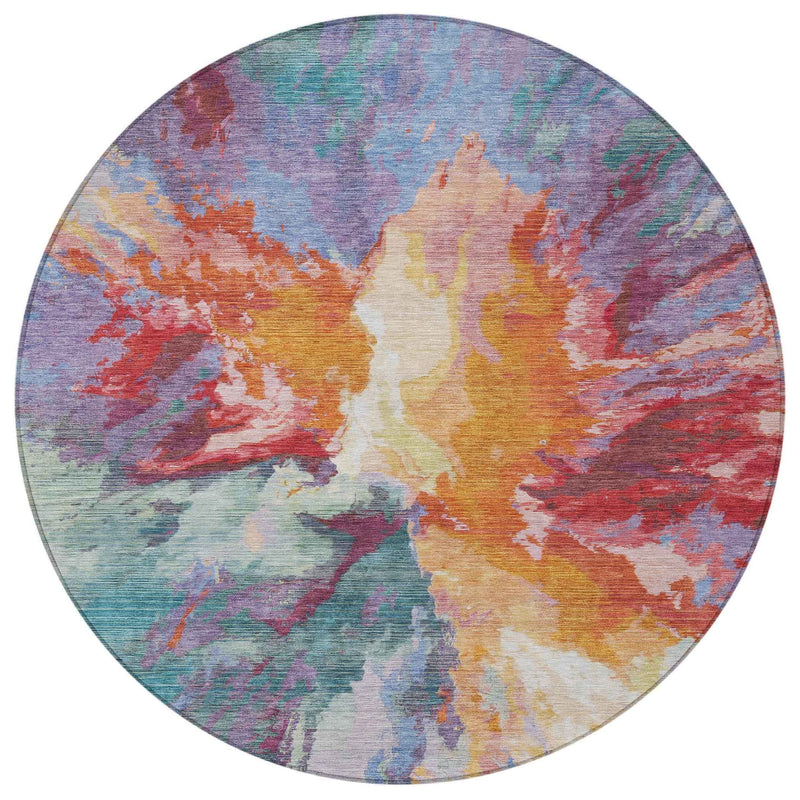 8' Orange Red And Teal Blue Round Abstract Washable Indoor Outdoor Area Rug