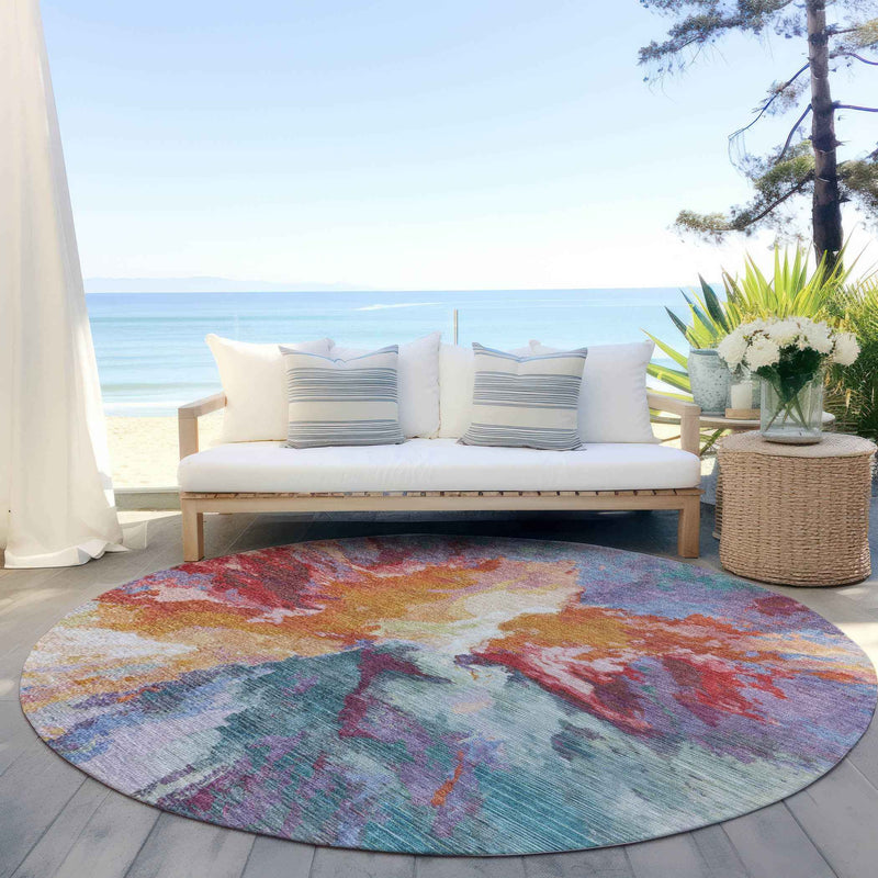 8' Orange Red And Teal Blue Round Abstract Washable Indoor Outdoor Area Rug