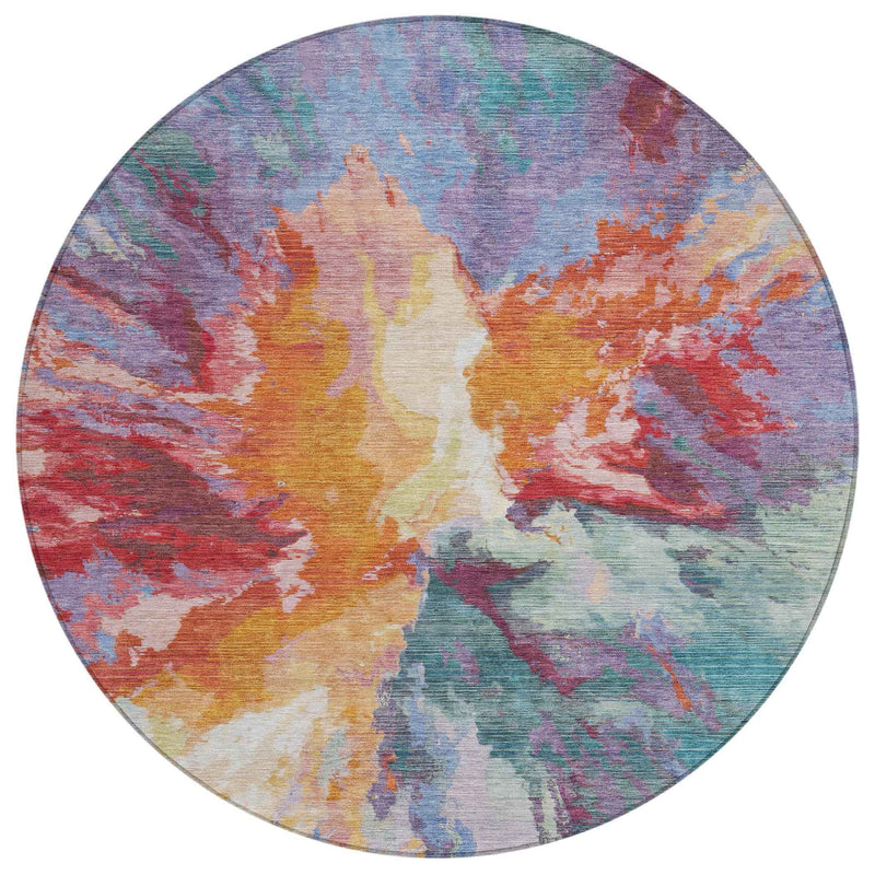 8' Orange Red And Teal Blue Round Abstract Washable Indoor Outdoor Area Rug