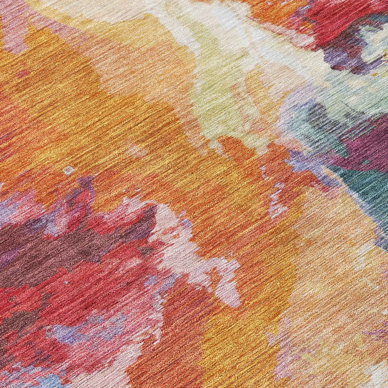 8' Orange Red And Teal Blue Round Abstract Washable Indoor Outdoor Area Rug