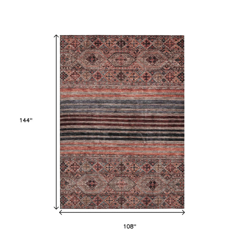 9' X 12' Rust Gray And Salmon Medallion Washable Indoor Outdoor Area Rug